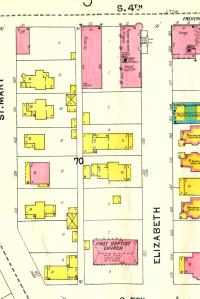 This detail from the November 1903 Sanborn map of Pekin shows the block of Elizabeth Street between Fourth and Fifth streets, including (at the top) the old Zerwekh bakery and confectionary that later would serve for many decades as the home of the Pekin Daily Times newspaper.